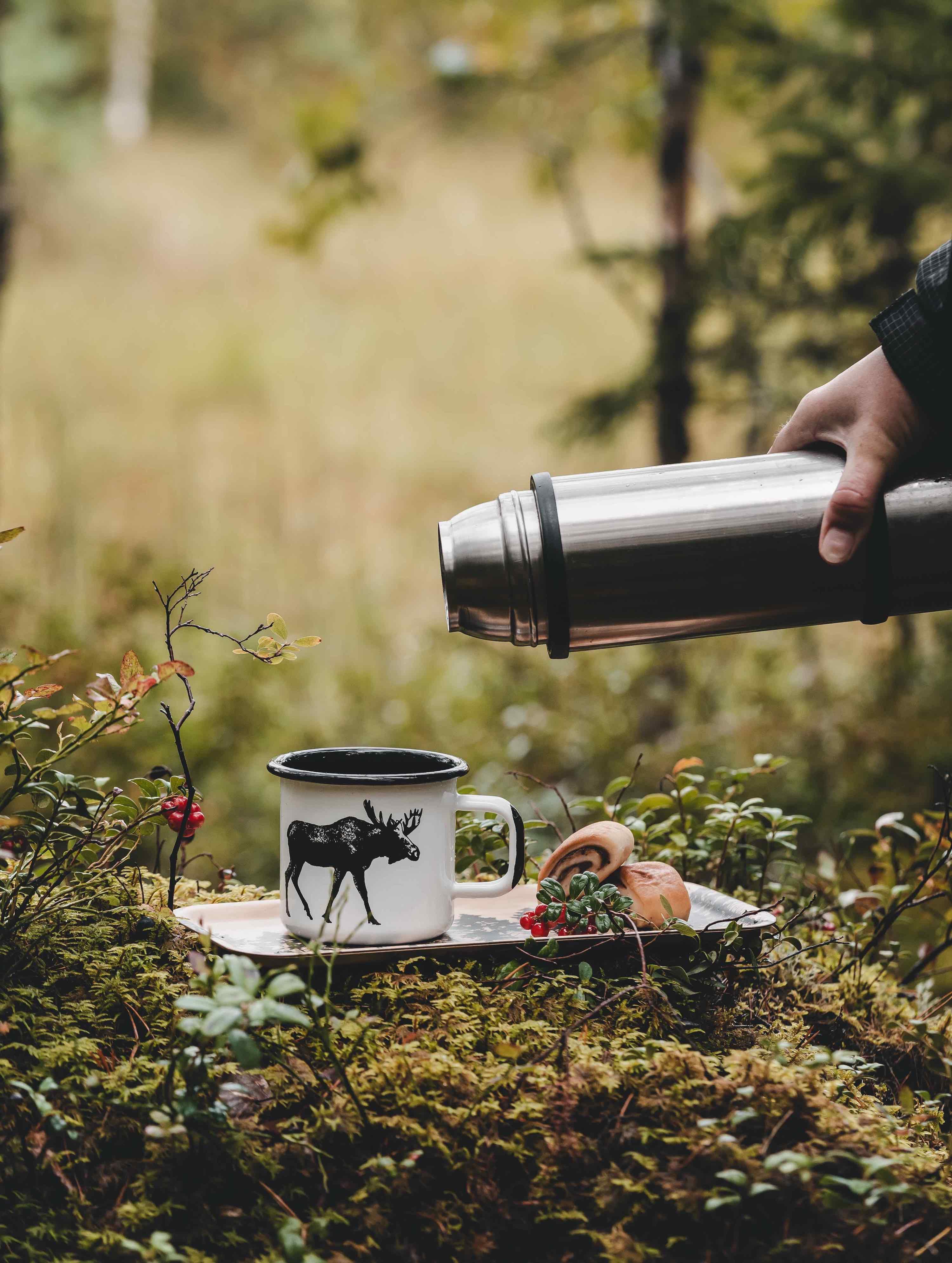 White enamel mug with moose graphic, stainless steel thermos outdoors on mossy surface