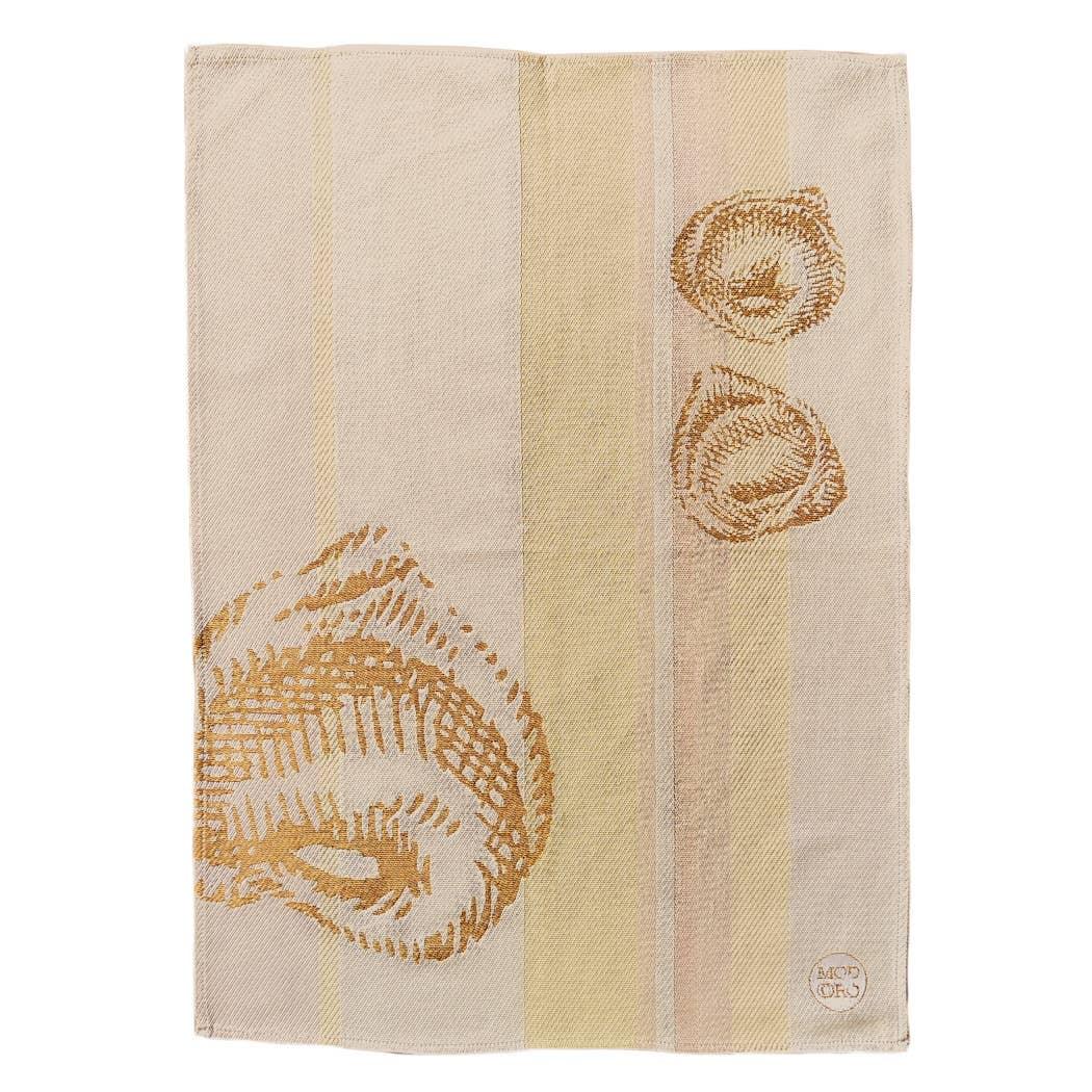 BONDI ORI cotton tea towel with seashell design in beige and gold tones