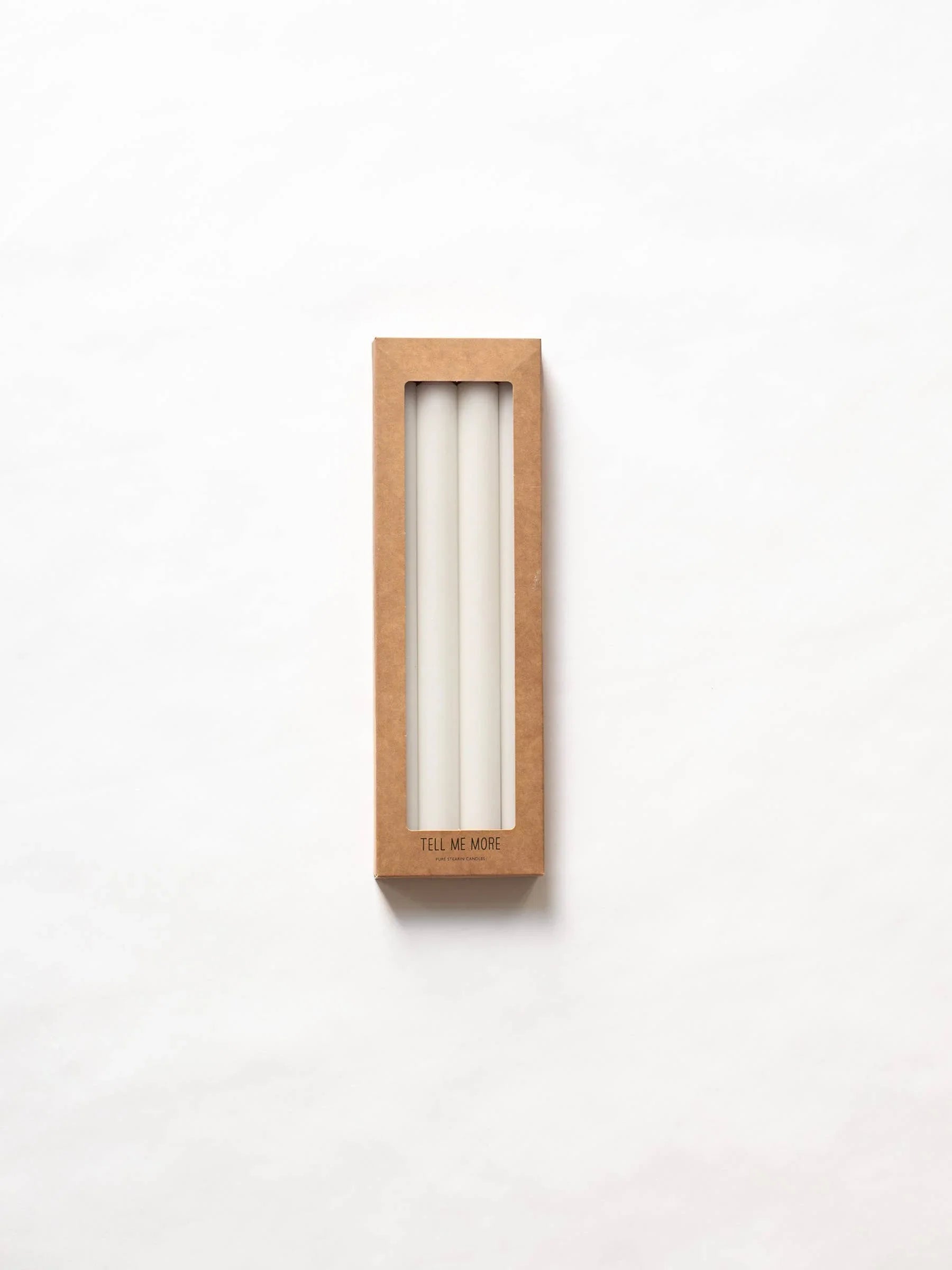 Tell Me More white wax taper candles in kraft box, premium minimalist packaging