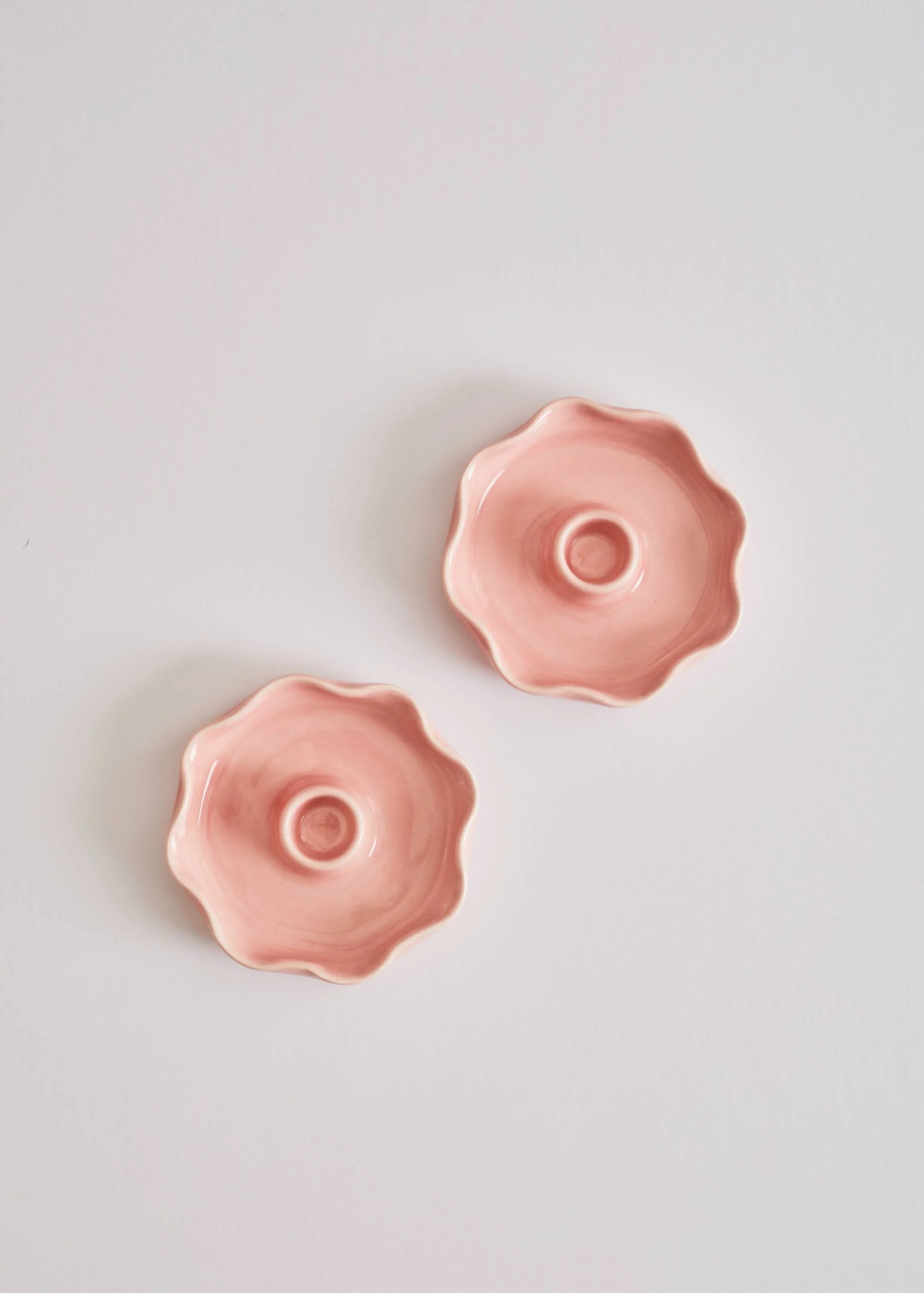 Floe Studios pink ceramic flower-shaped ring dishes on white background