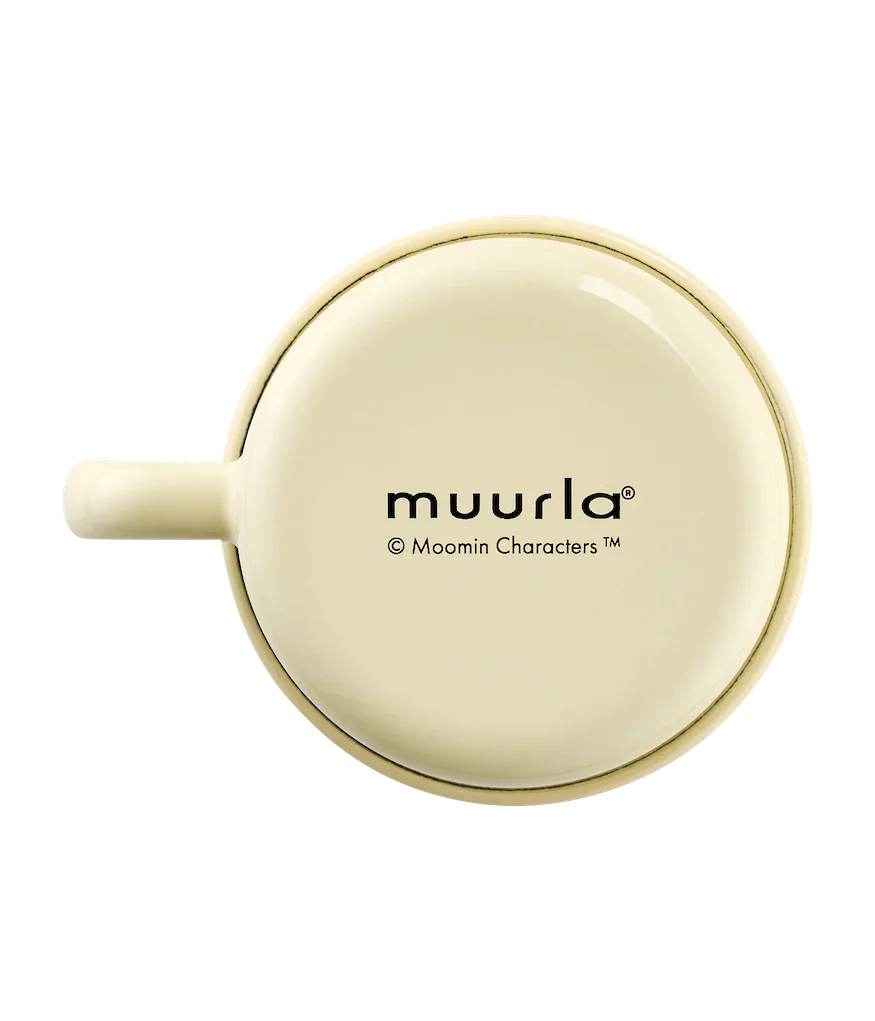 Muurla cream enamel mug bottom view showing logo and handle, durable premium finish