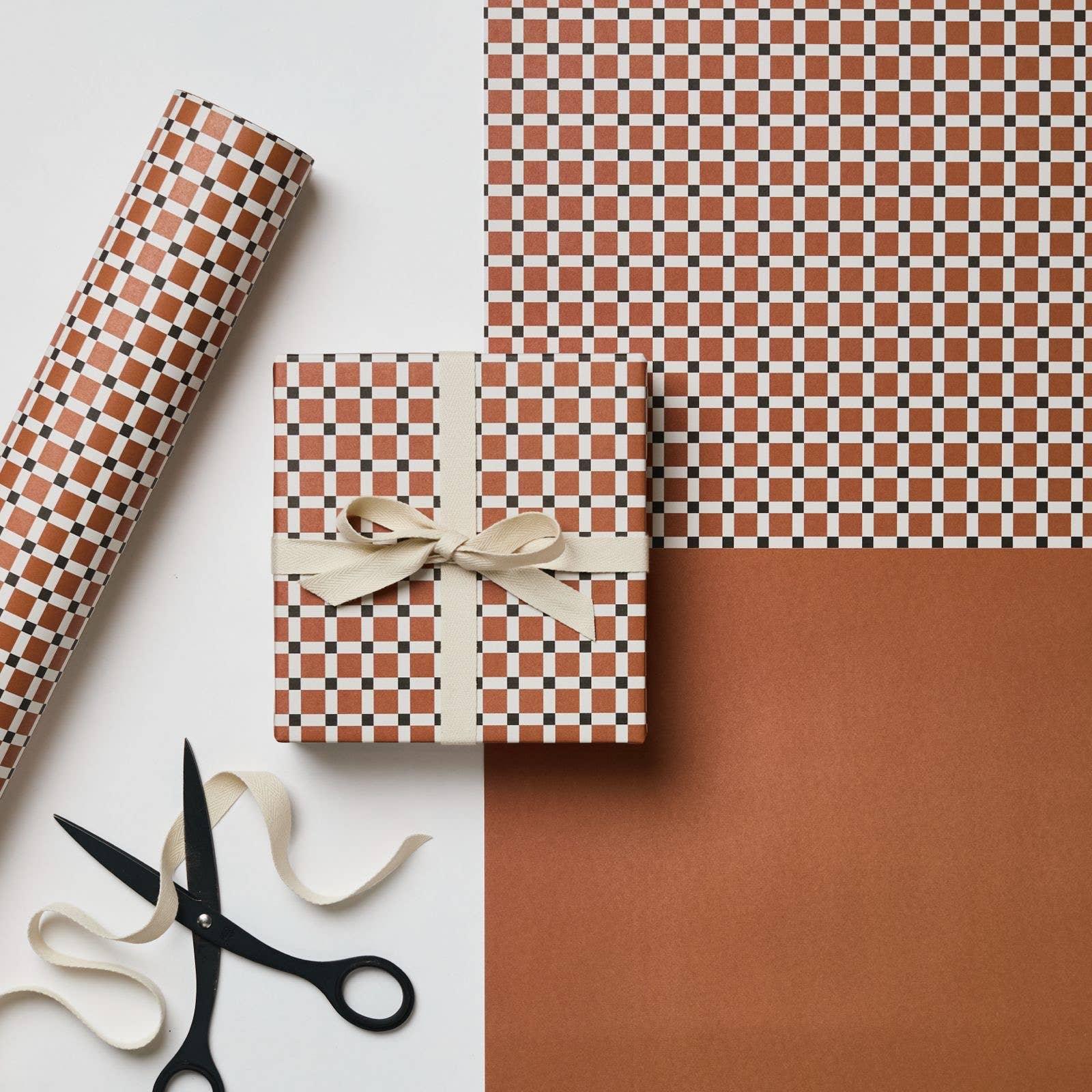 Wrap Society brown and white checkerboard gift wrap paper and ribbon set