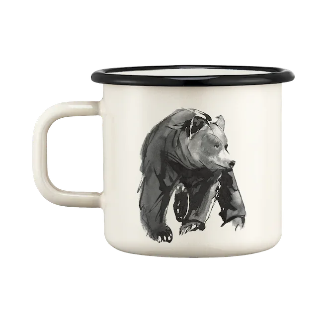 Hemsons enamel mug with black bear illustration, cream and black finish.