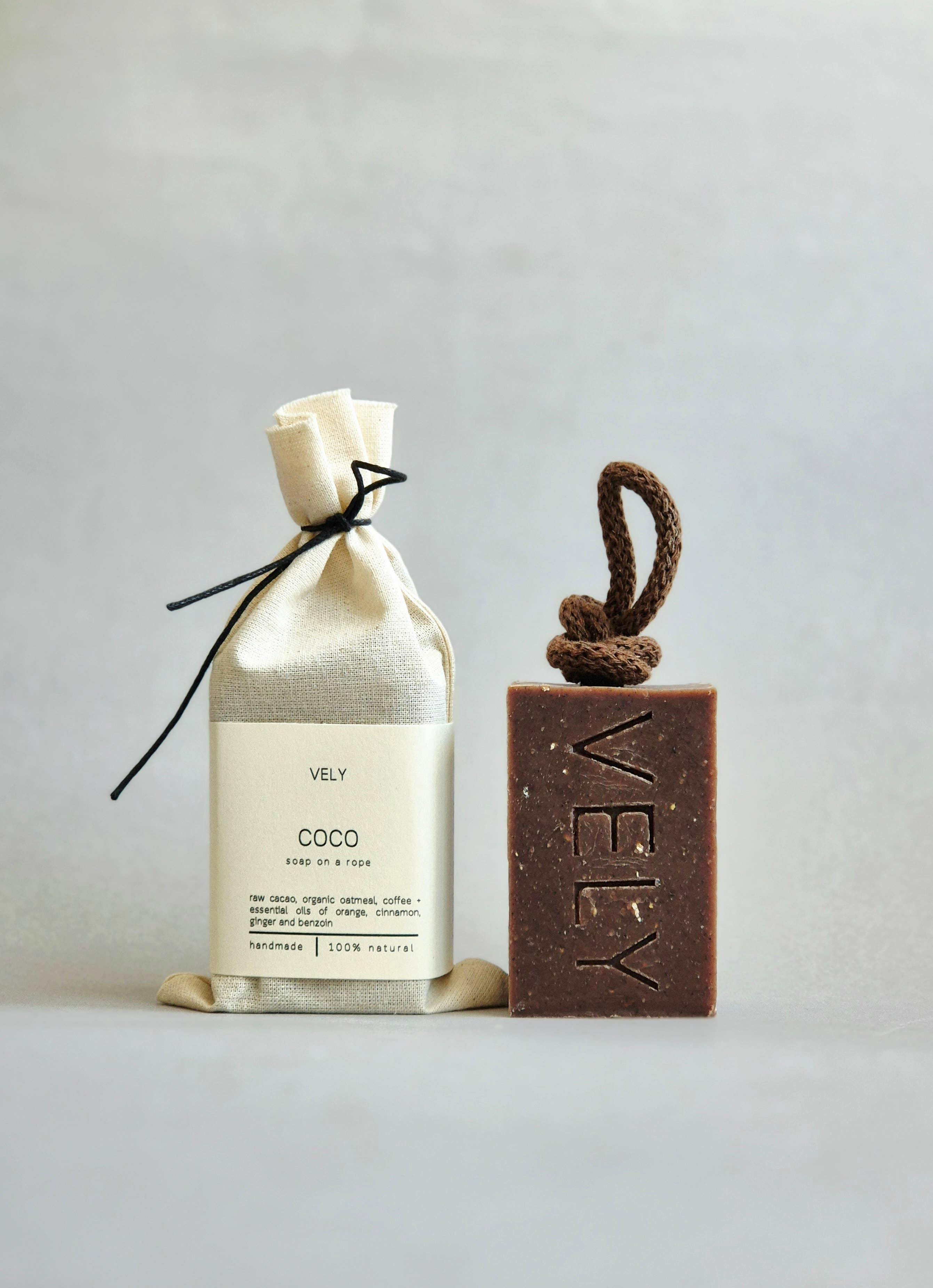 VELY COCO handmade brown soap on a rope with natural cotton pouch, raw cacao and oatmeal