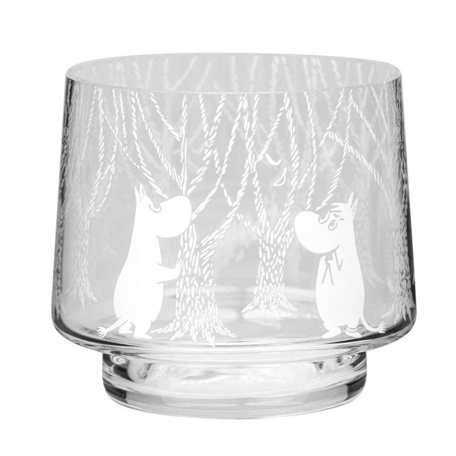 Iittala glass tumbler with etched Moomin and forest design, clear premium glass