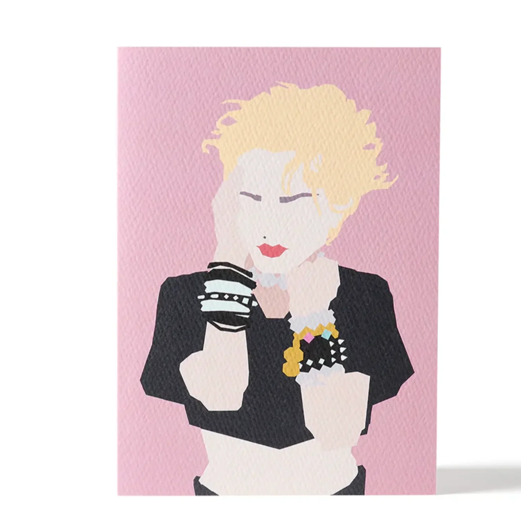 Aninachic greeting card, pop art woman in black top, textured paper, pink background.