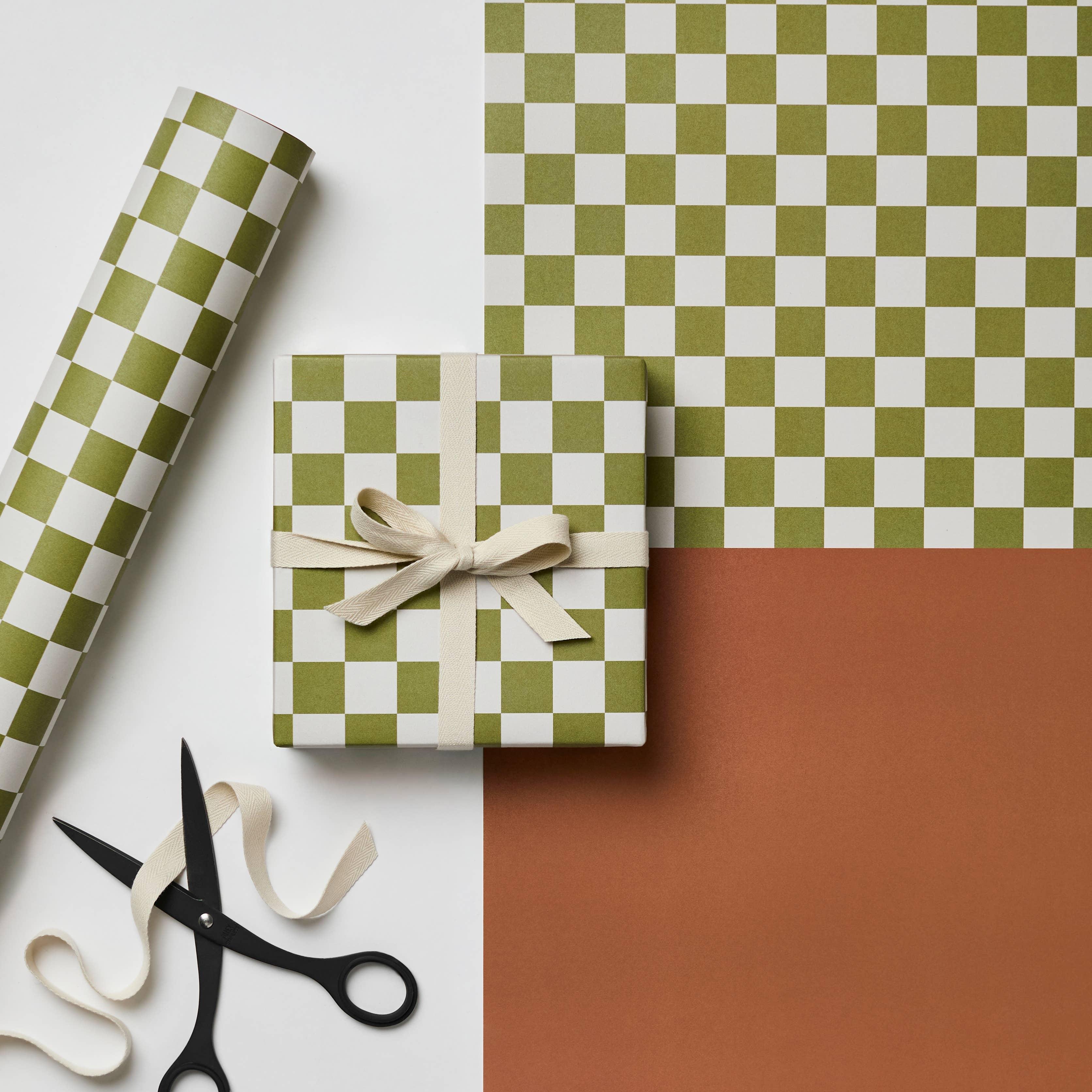 Wrappr olive green checkerboard gift wrap paper, premium paper, neutral ribbon, modern gift