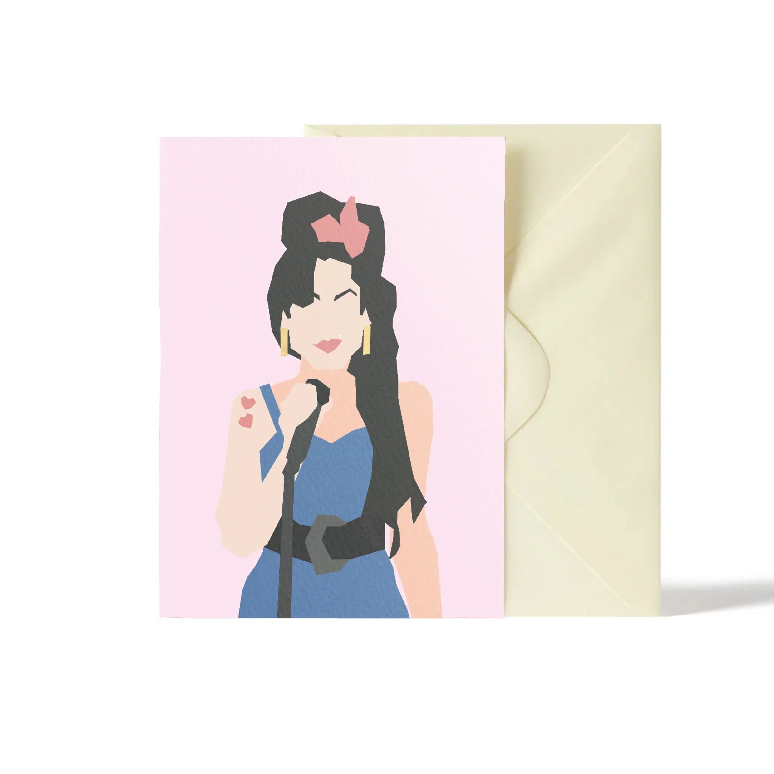 Stray Faces greeting card, textured paper, minimalist singer design, blue and pink colours