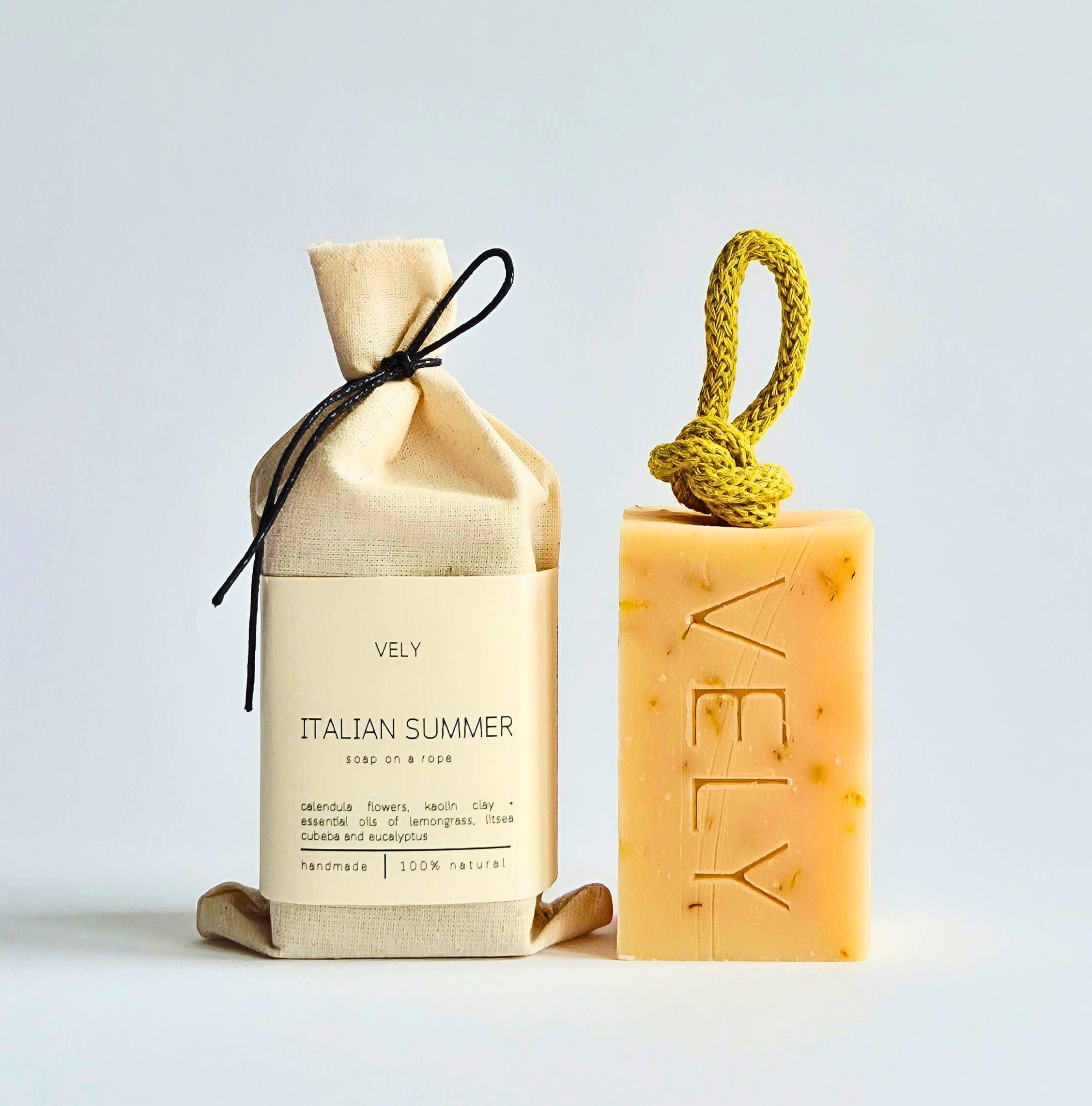 VELY Italian Summer handmade natural soap on a rope with cotton bag, beige and yellow tones.