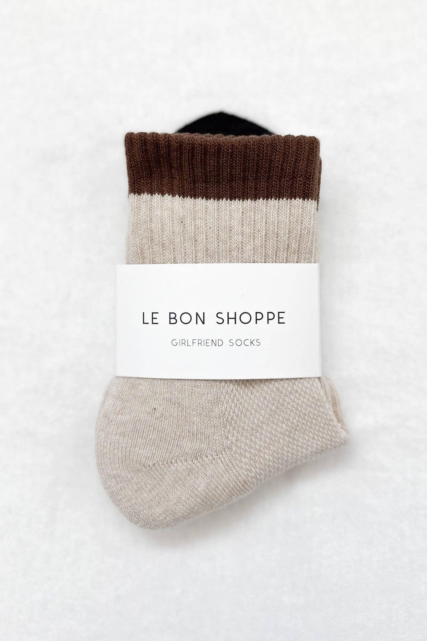 Le Bon Shoppe Girlfriend Socks, cotton blend, cream and brown color, minimalist packaging