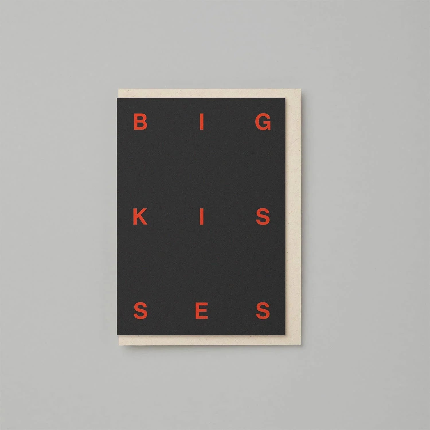 OLA black greeting card with red 'BIG KISSES' text, premium cardstock, minimal design