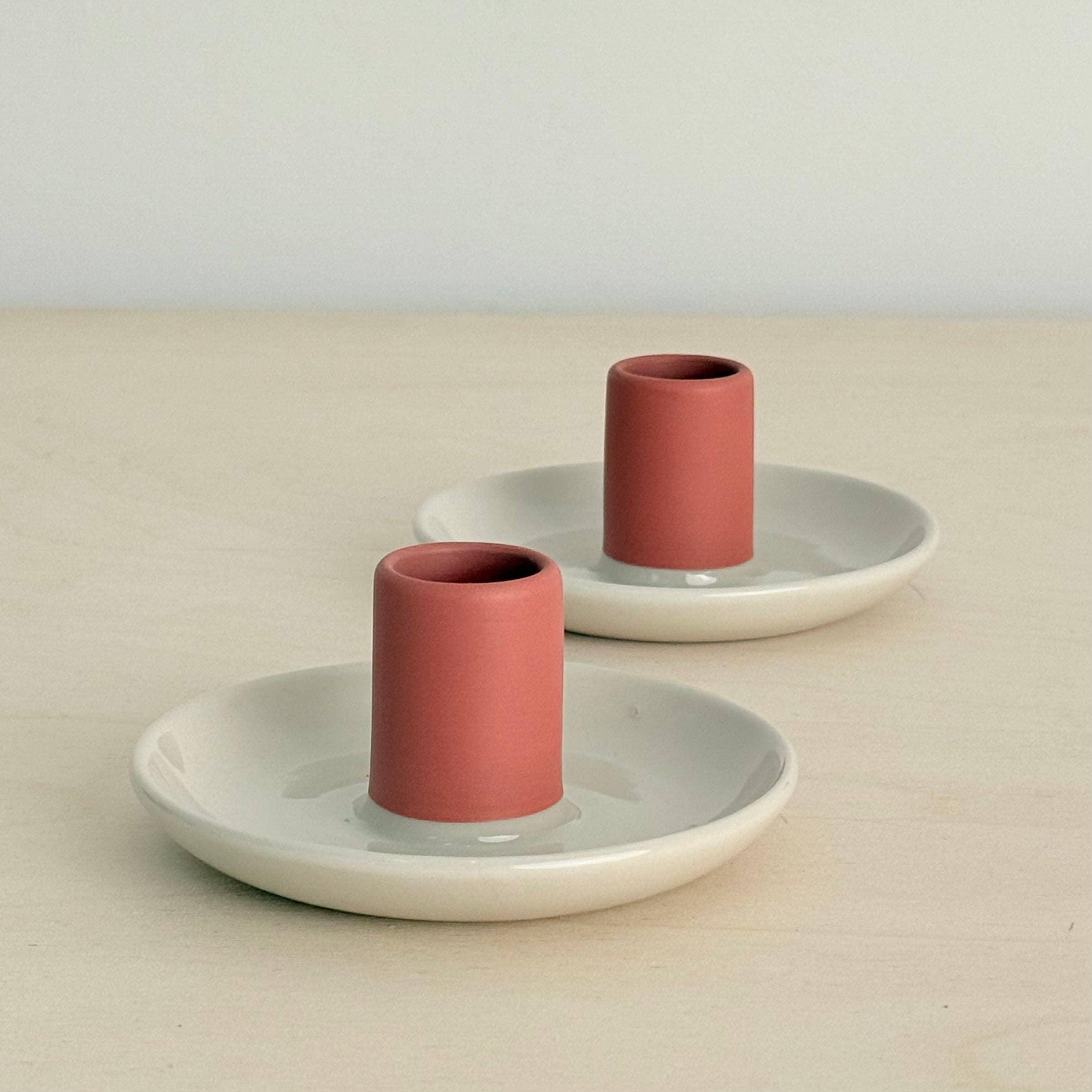 Iris Hantverk ceramic candle holders, white base with terracotta accent, modern minimalist design