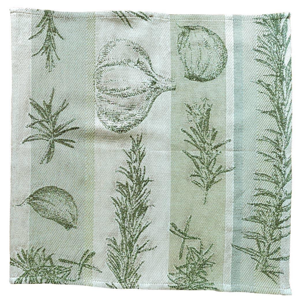 Torchon French jacquard cotton napkin with herb and garlic green pattern