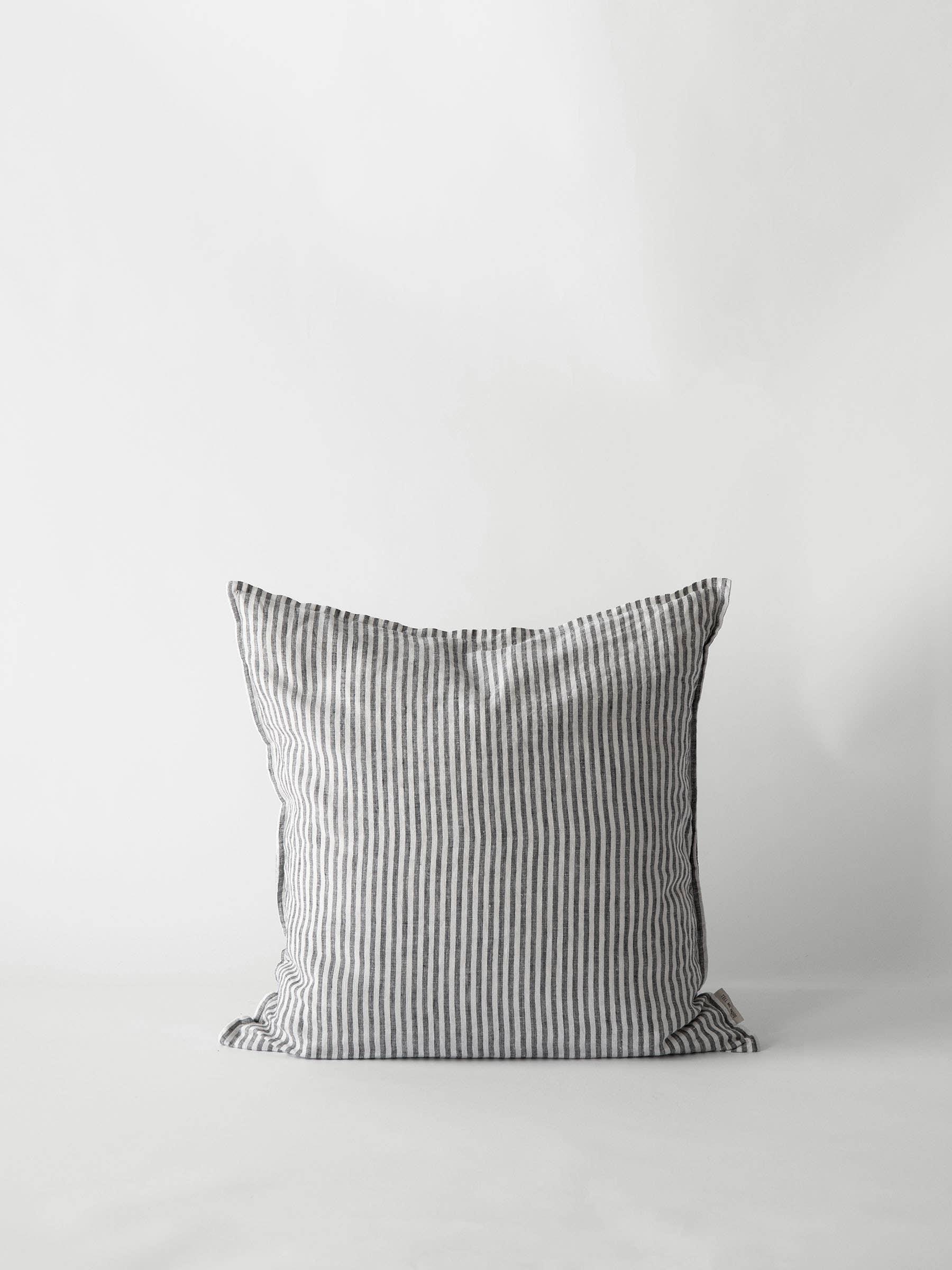 Huldra striped linen cushion cover in grey and white, premium minimalist decor.