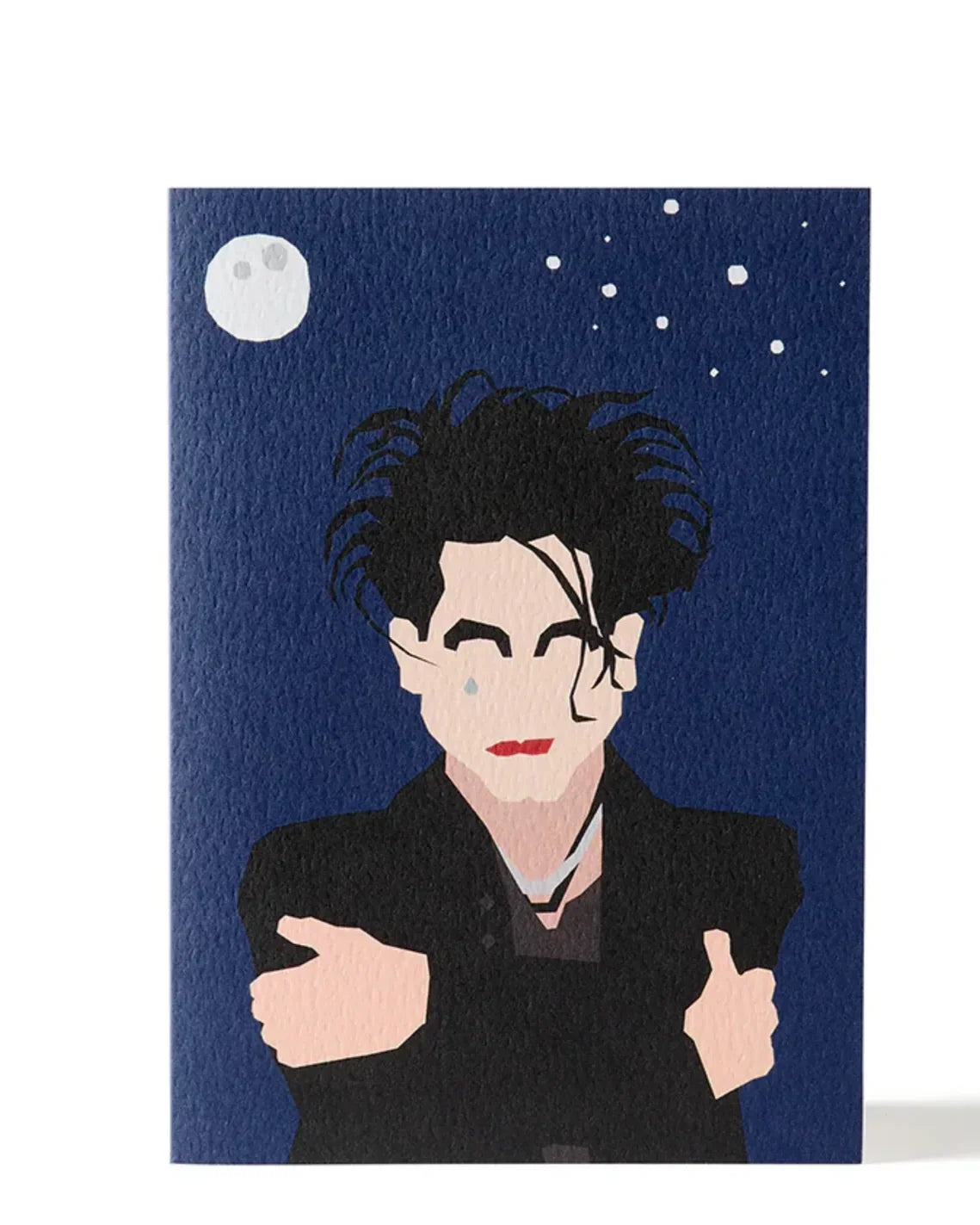 Hadley Paper Goods greeting card, textured paper, blue background, stylized figure, moon motif