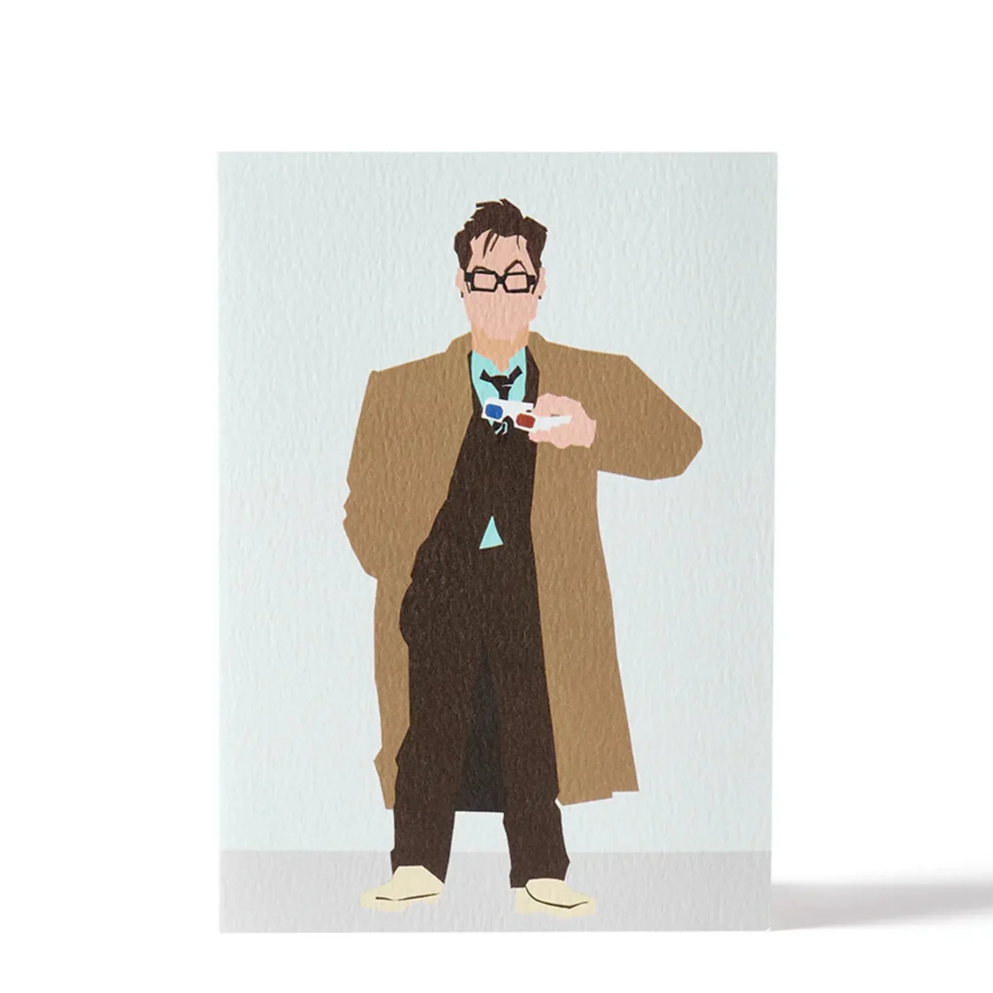 Tache illustrated greeting card with man in brown trench coat, premium textured paper