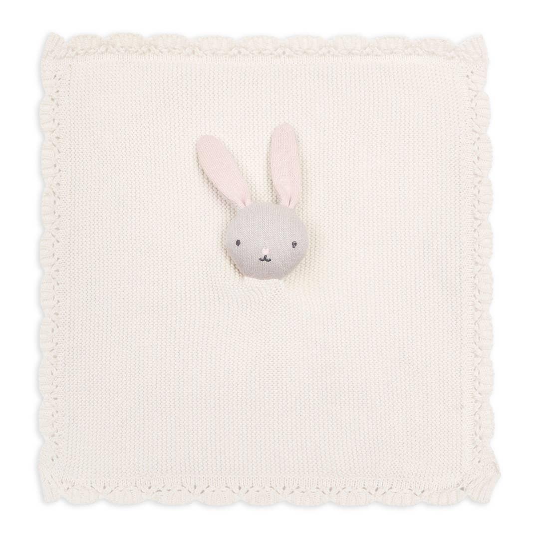 Mon Ami cream knit baby lovey blanket with plush bunny head, cotton material.