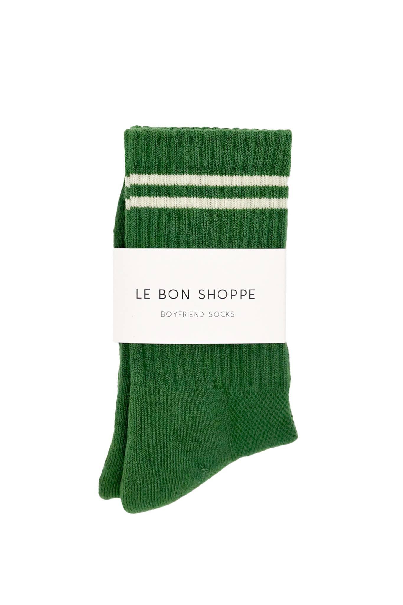 Le Bon Shoppe green boyfriend socks, ribbed cotton with white stripes, premium packaging