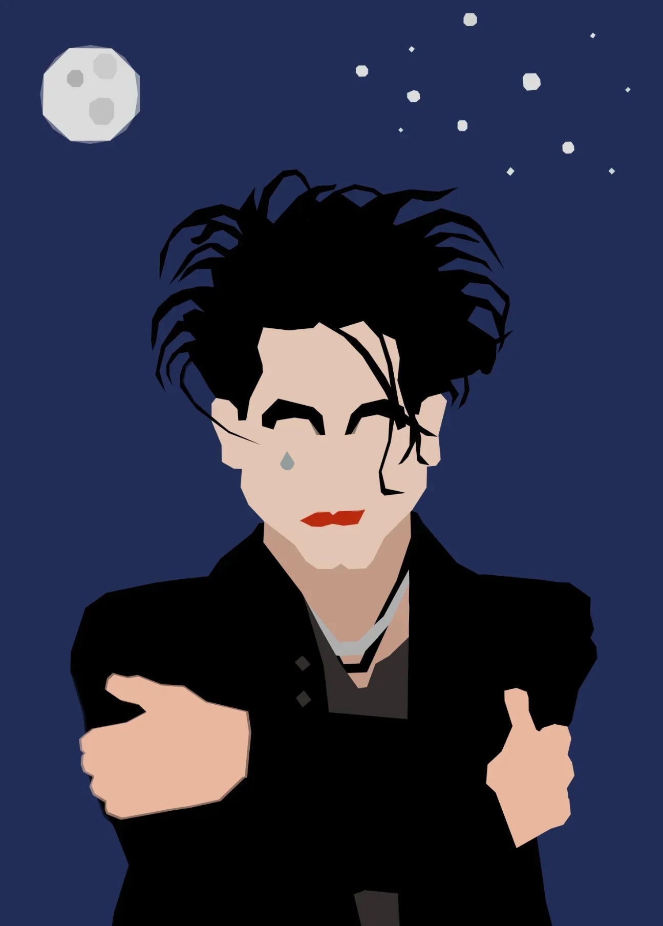 Minimalist illustration of person in black jacket with messy black hair under moon and stars