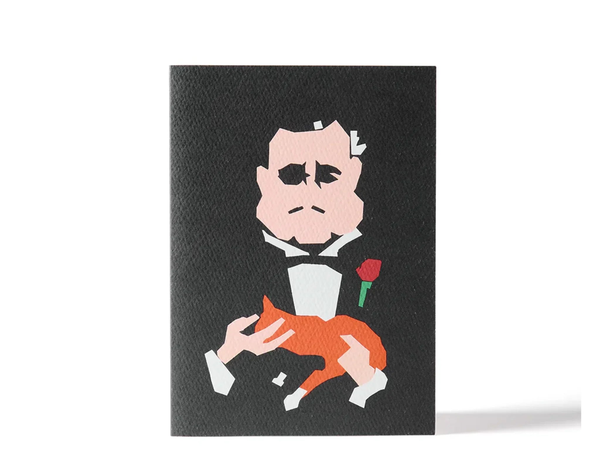 WTF Notebooks premium black greeting card with abstract man in tuxedo holding orange cat