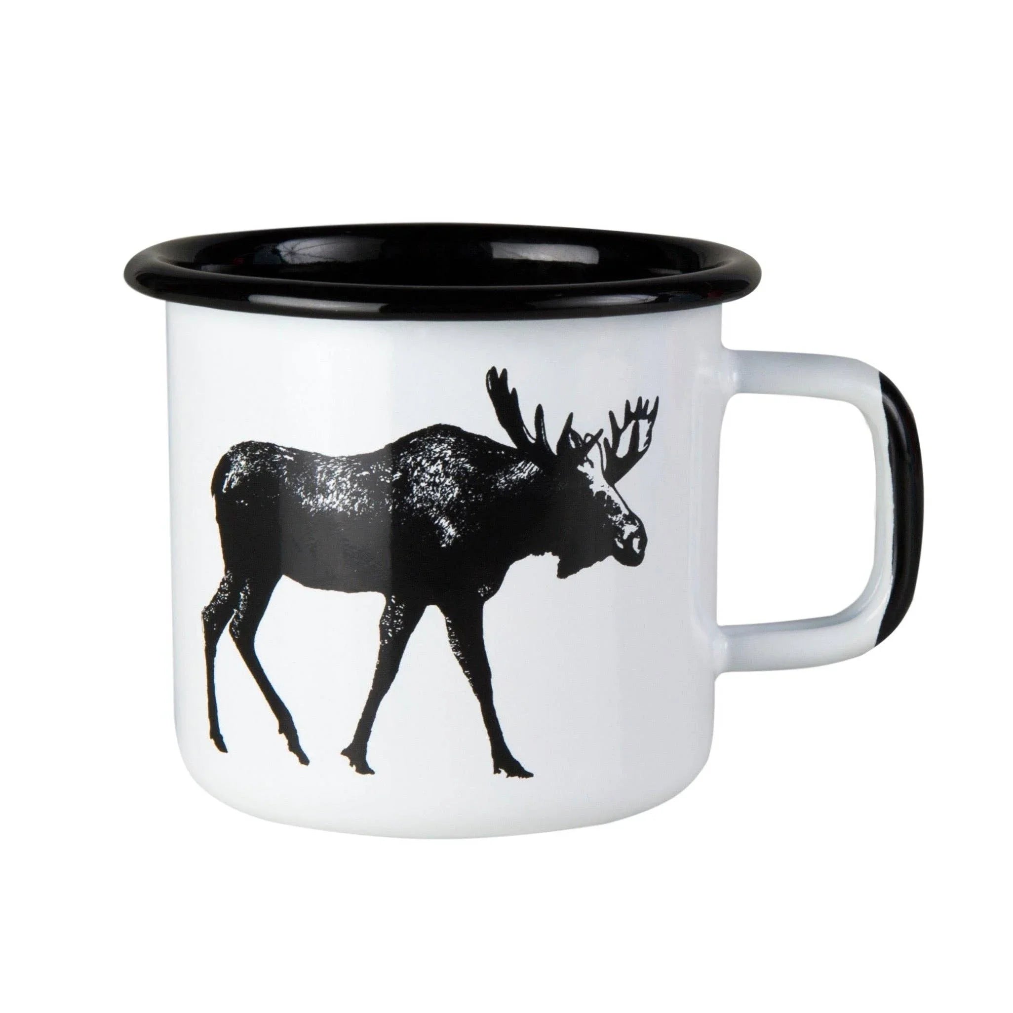 Danica Studio enamel mug, white and black, moose print design, metal camping cup