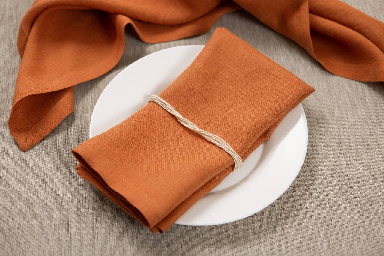 Premium rust linen napkin on white plate with twine accent, neutral tablecloth