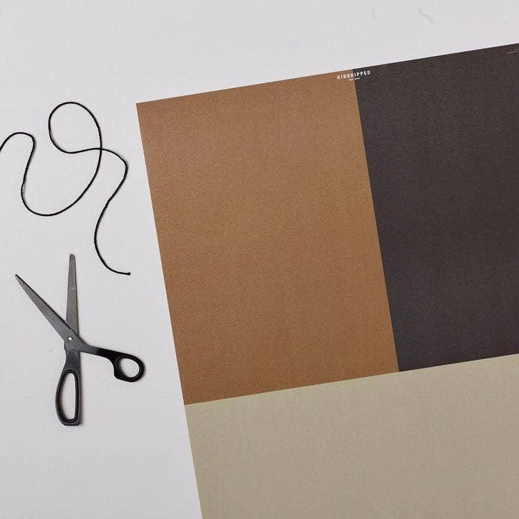 KINSHPIPPED premium color block wrapping paper, brown beige black, with scissors and string