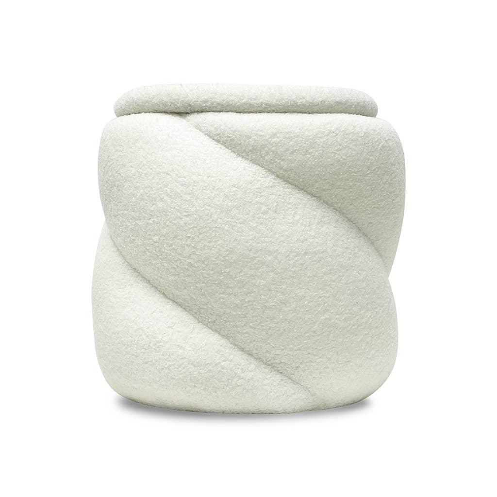 Foy branded boucle fabric ottoman in ivory with sculpted modern design
