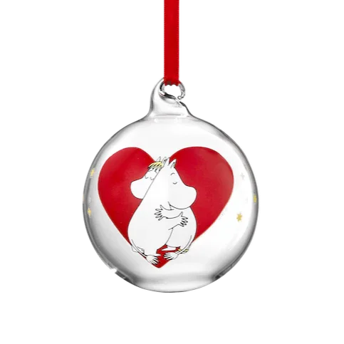 Moomin glass Christmas bauble with red heart, white cartoon couple, and red ribbon.