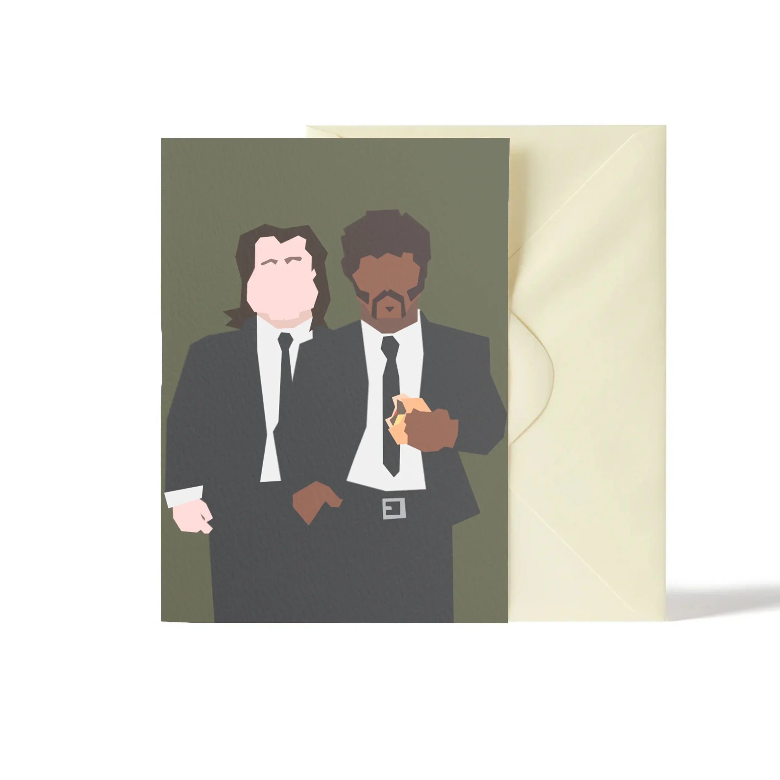 ilootpaperie minimalist card, textured paper, two men in black suits on olive background