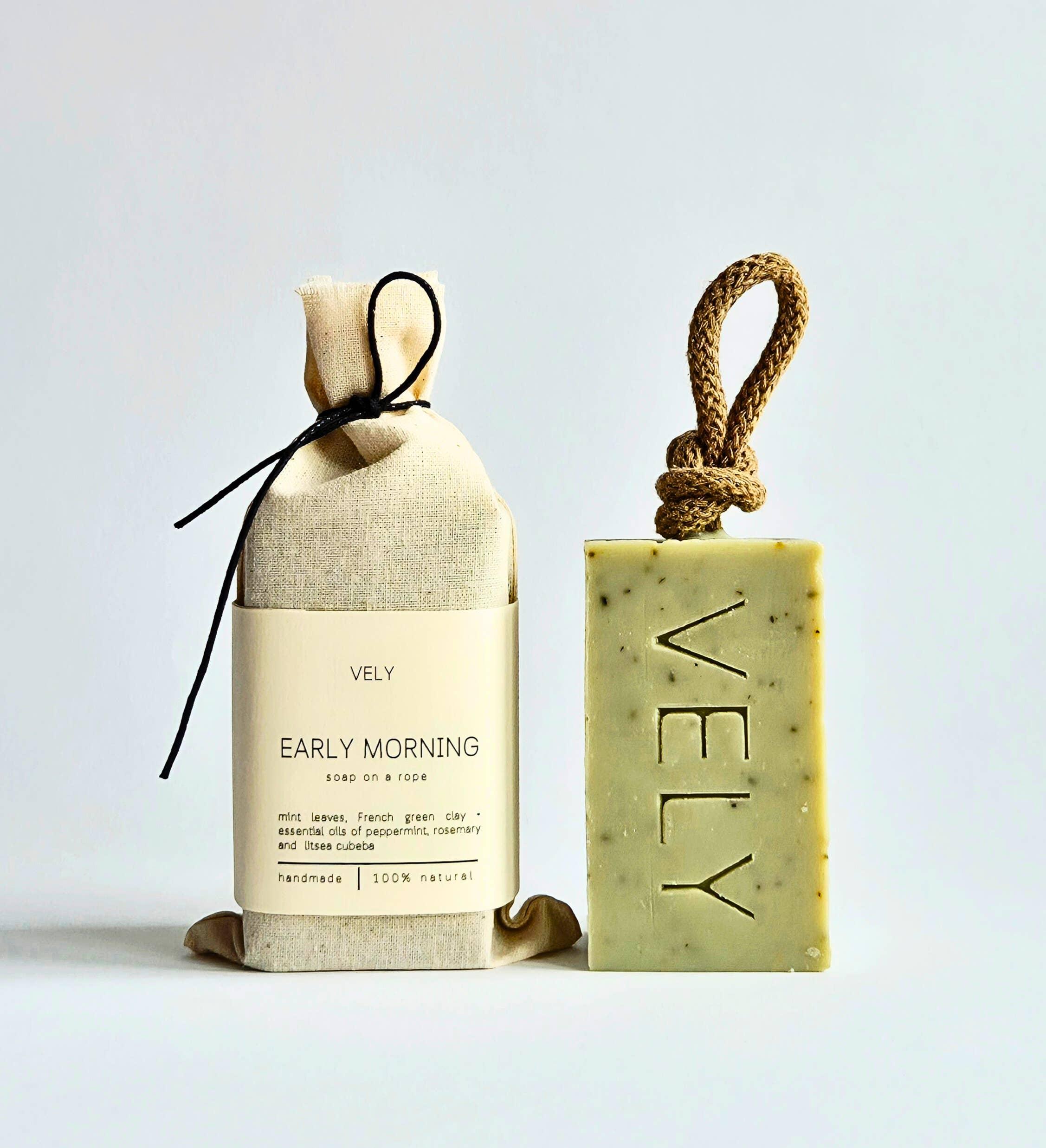 VELY Early Morning soap on a rope, natural green clay bar with rope and cotton bag packaging