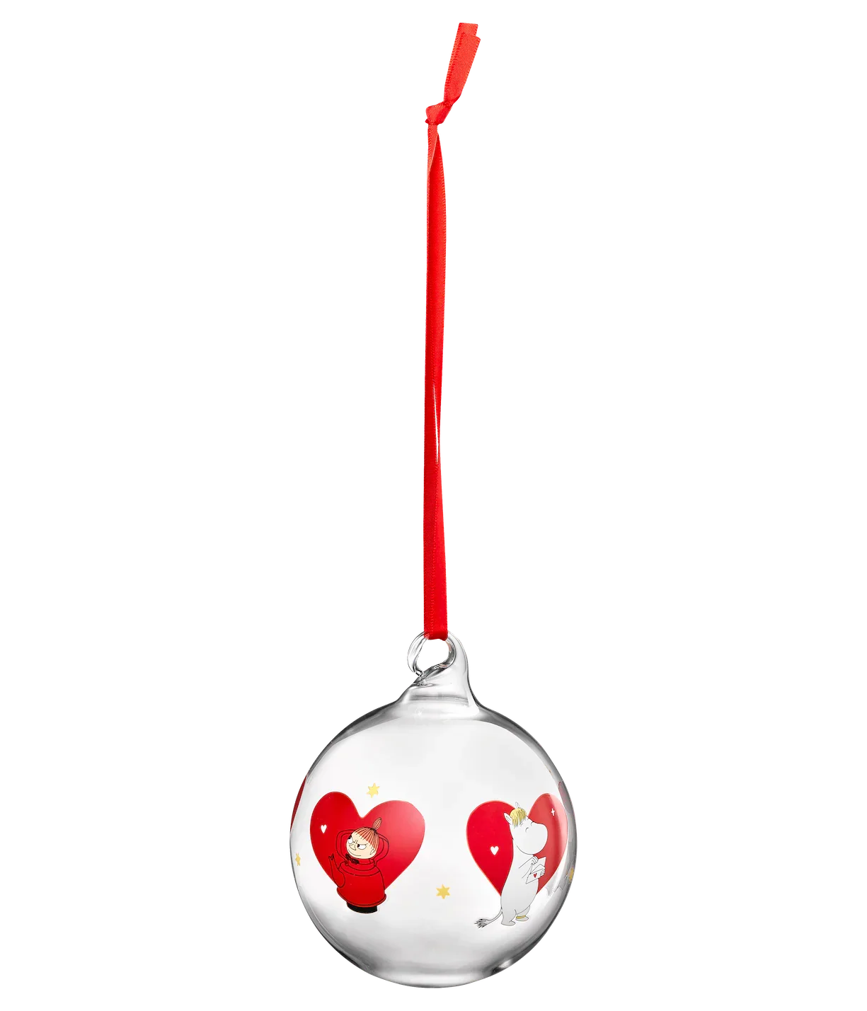 Moomin glass ornament with red hearts and characters, clear premium glass, red ribbon