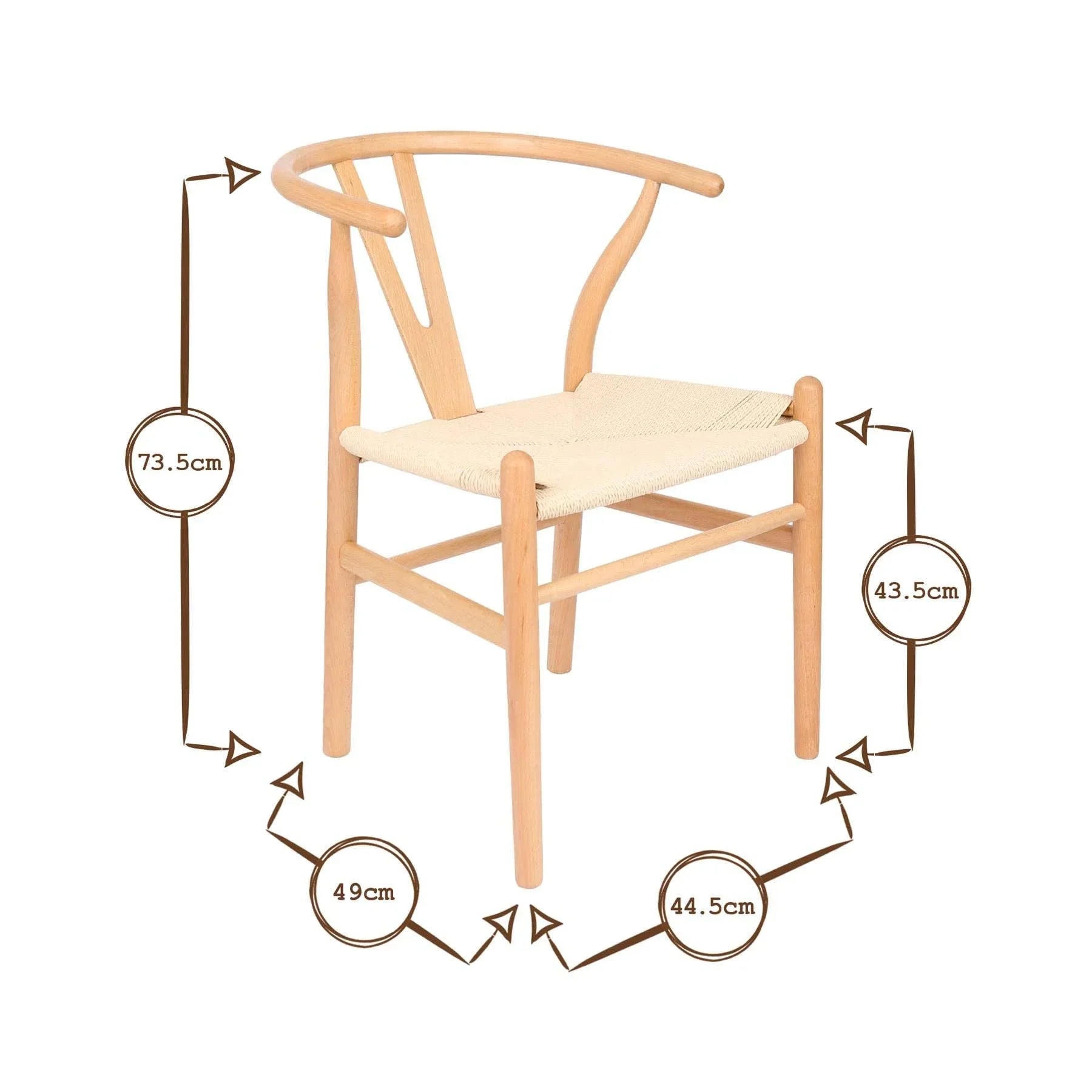 Nordic Wishbone chair in natural wood with woven seat, dimensions labeled in centimeters