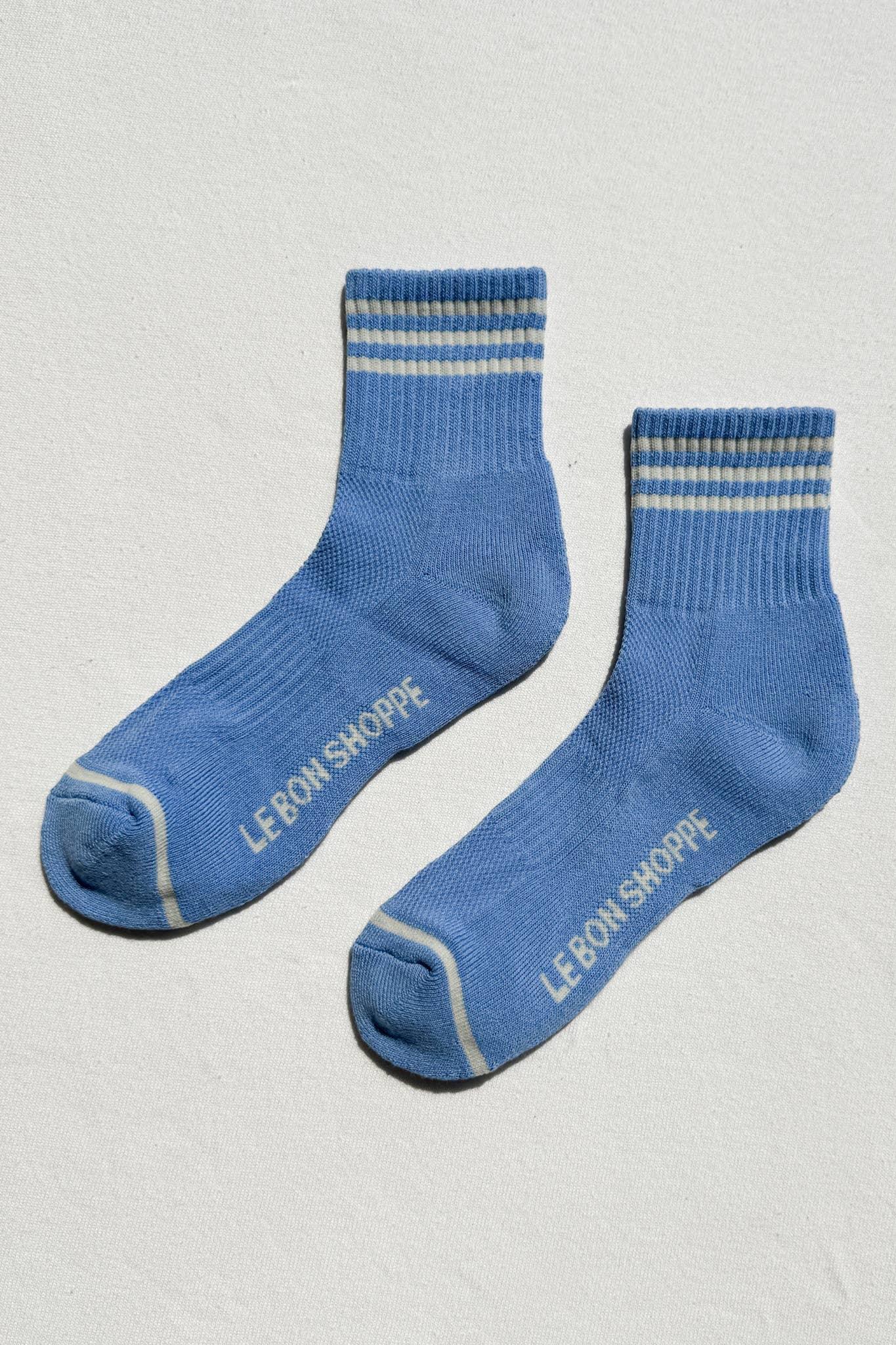 Le Bon Shoppe blue cotton crew socks with cream stripes and logo detail