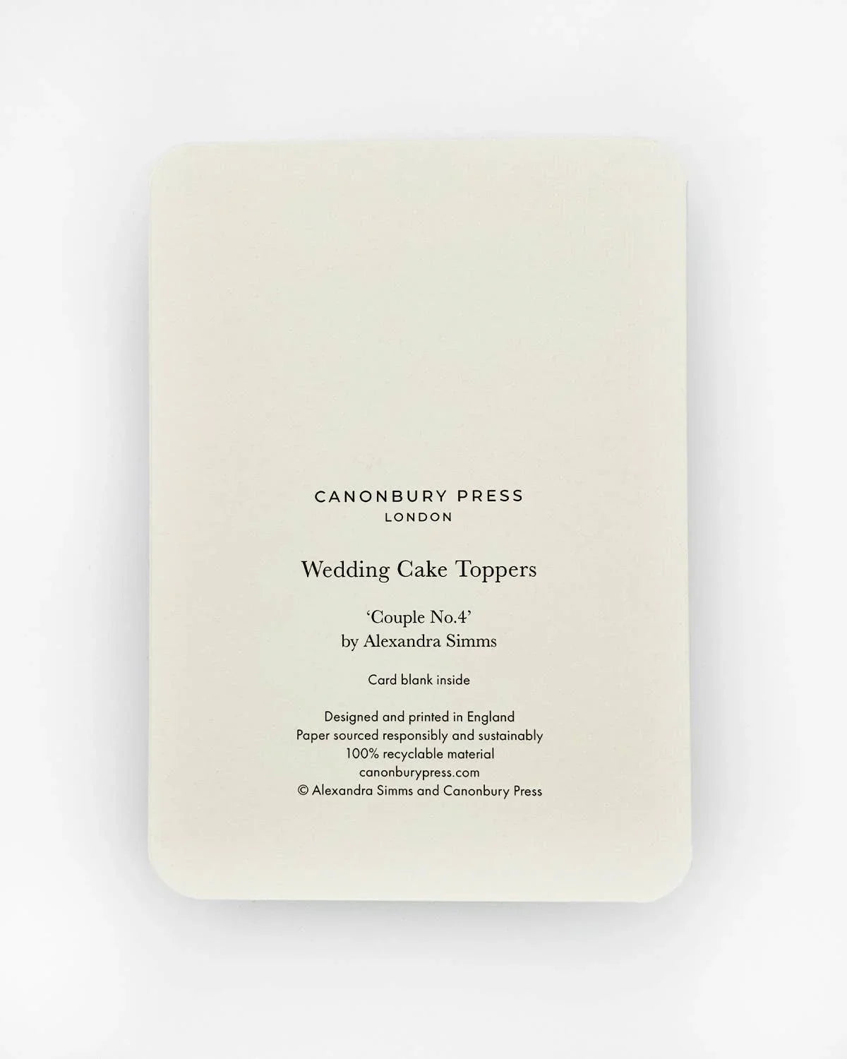Canonbury Press wedding cake toppers card, premium white recycled paper, minimalist design.