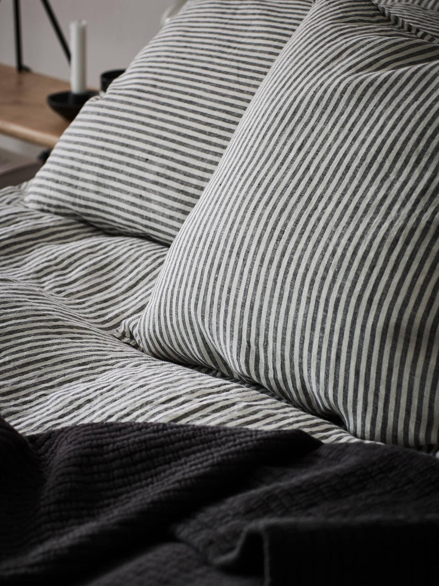 Bedfolk linen bedding set with grey and white stripes, premium cotton, modern bedroom style