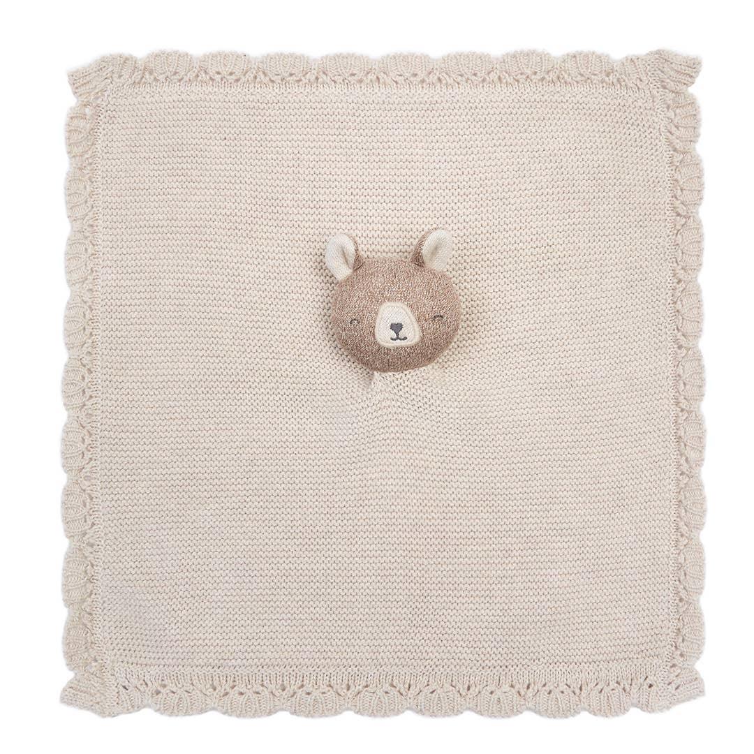 Petit Lem knit baby blanket with beige bear plush, soft cotton, scalloped edge