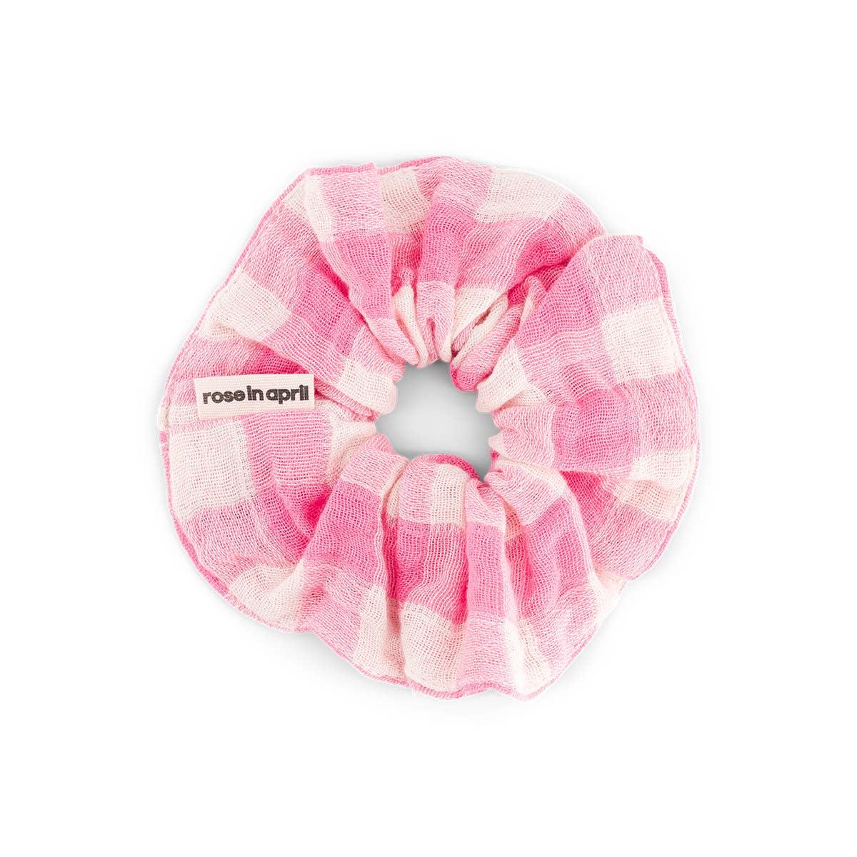 Rose in April pink and white checkered fabric hair scrunchie, premium accessory