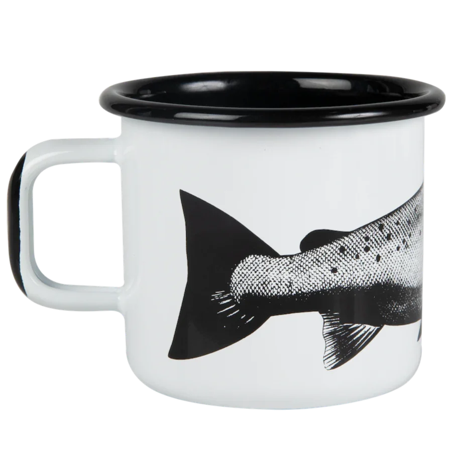 Gentlemen's Hardware white enamel mug with black fish illustration and black rim
