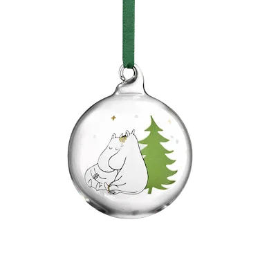 Arabia porcelain Christmas ornament with Moomin characters and green tree illustration