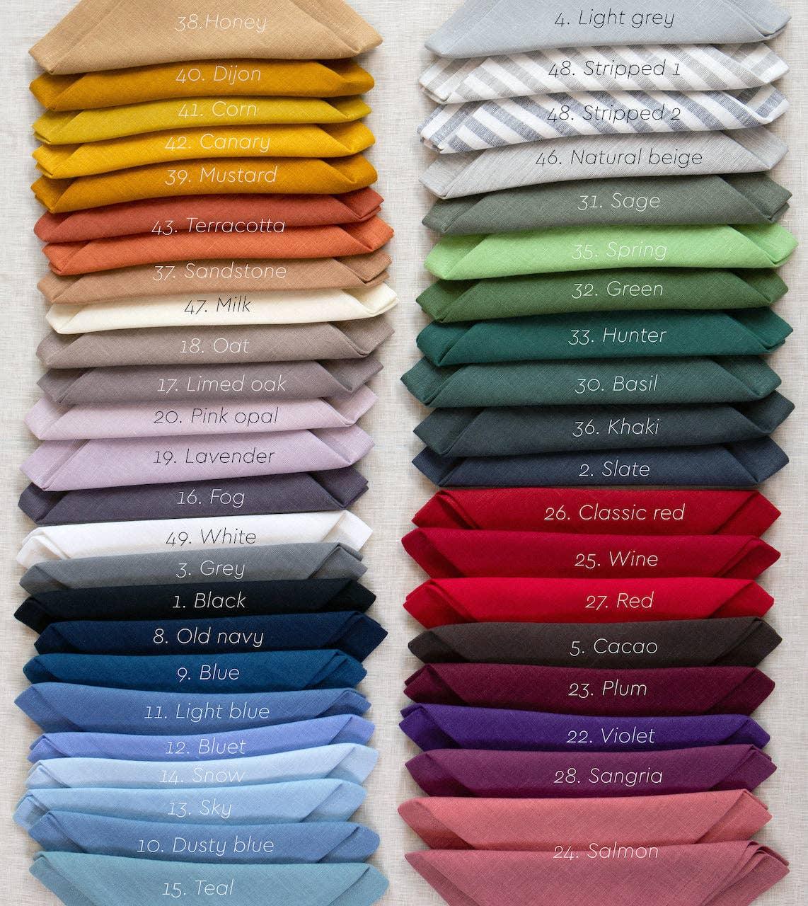 Linen Tales linen napkins color chart, premium fabric samples in assorted colors and patterns.