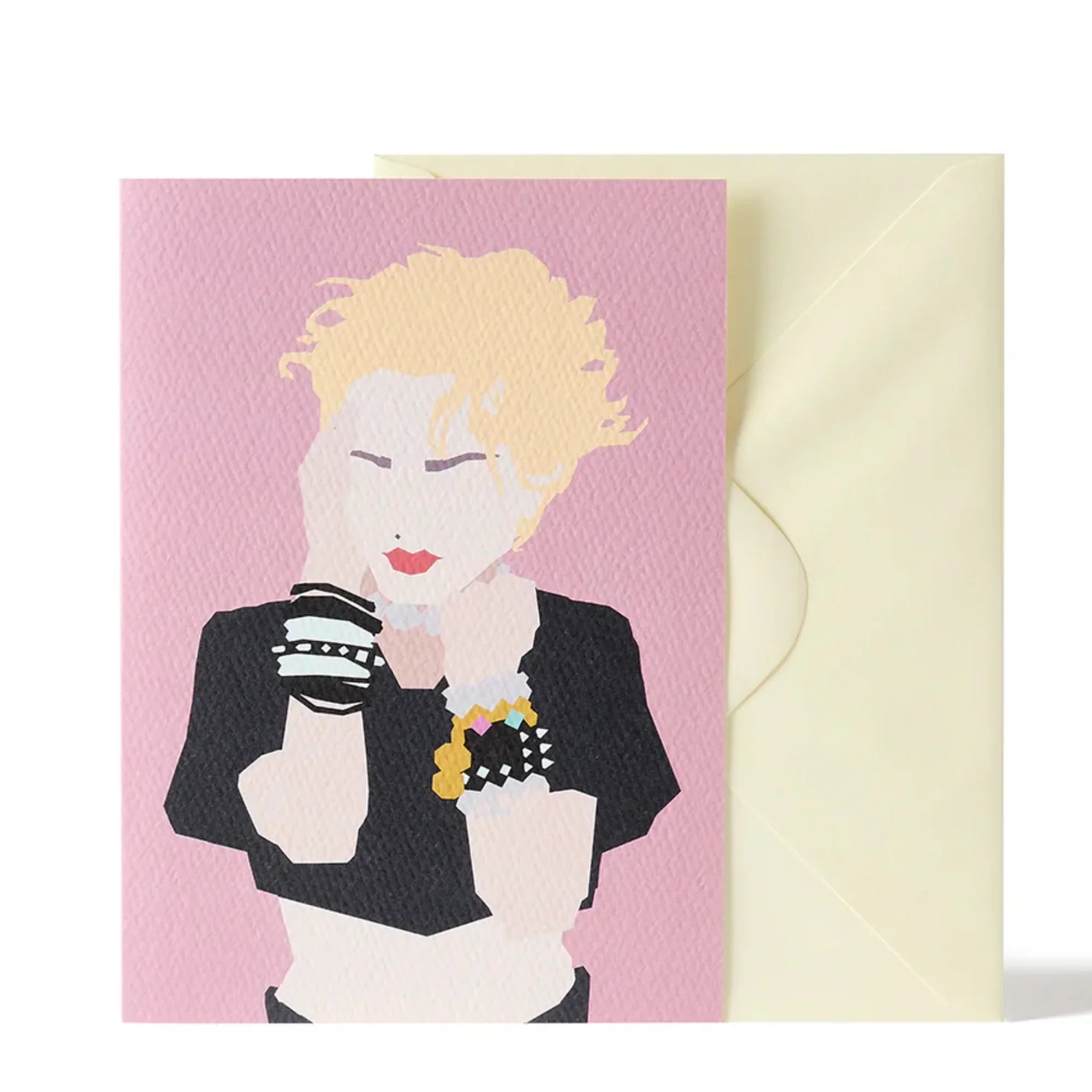 The Card Bureau pop art greeting card, textured cardstock, pastel pink and cream colors.