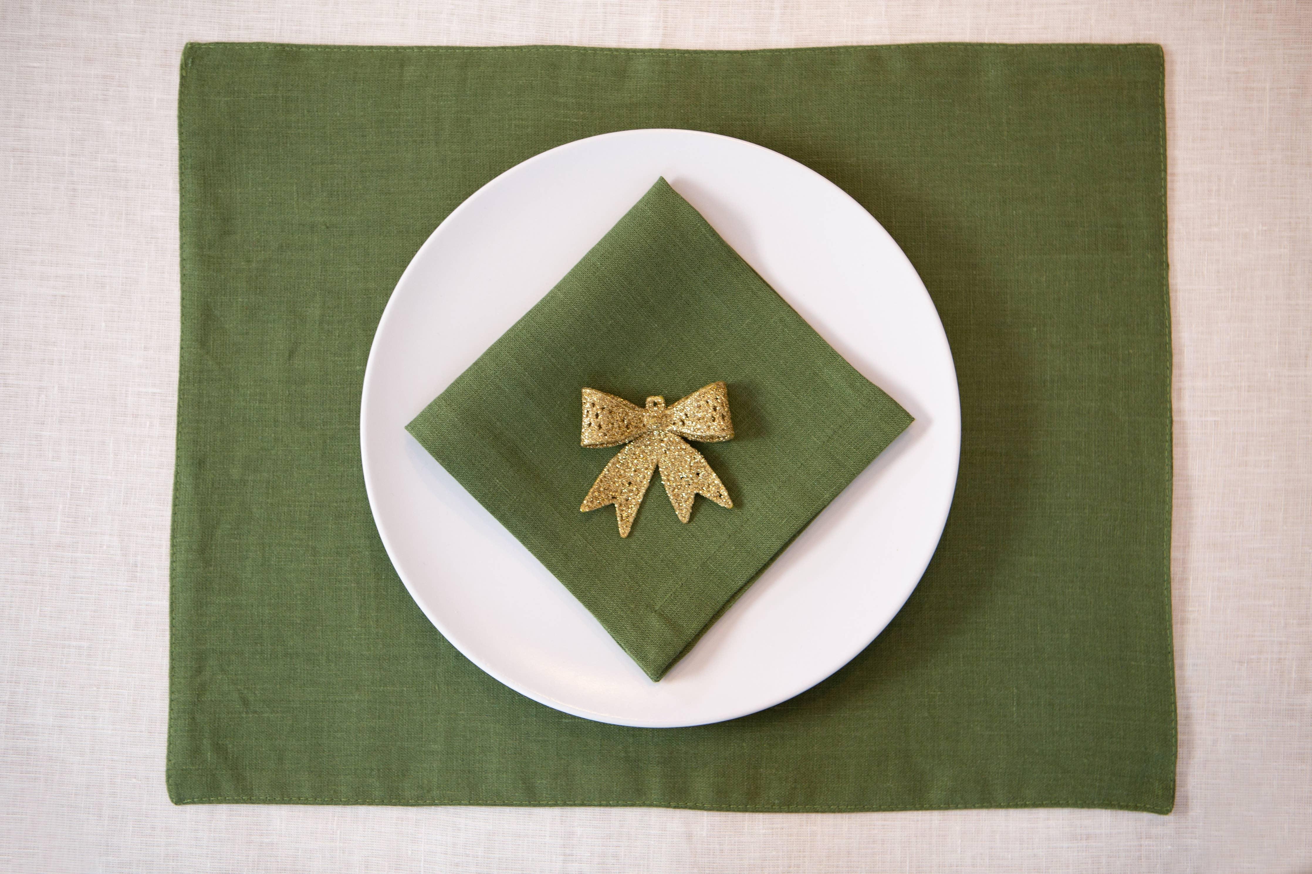 Maison de Linen olive green linen placemat and napkin set with gold bow accent