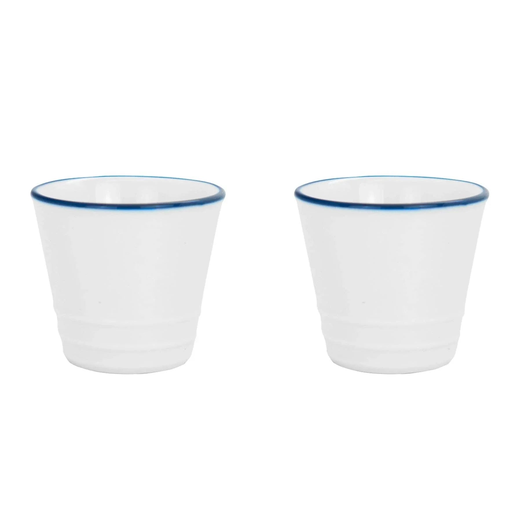 Salt & Pepper white ceramic espresso cups with blue rim, set of two.