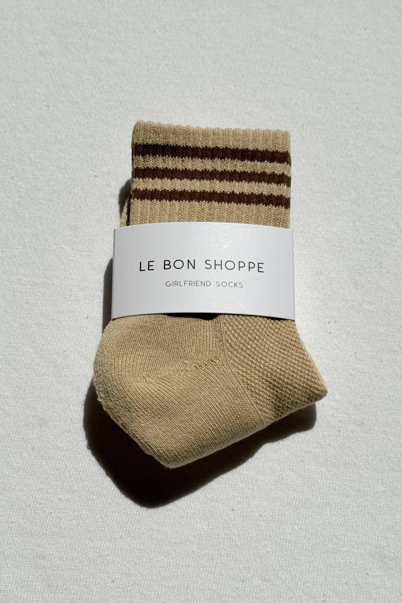 Le Bon Shoppe Girlfriend cotton socks in beige with brown stripes, premium packaging