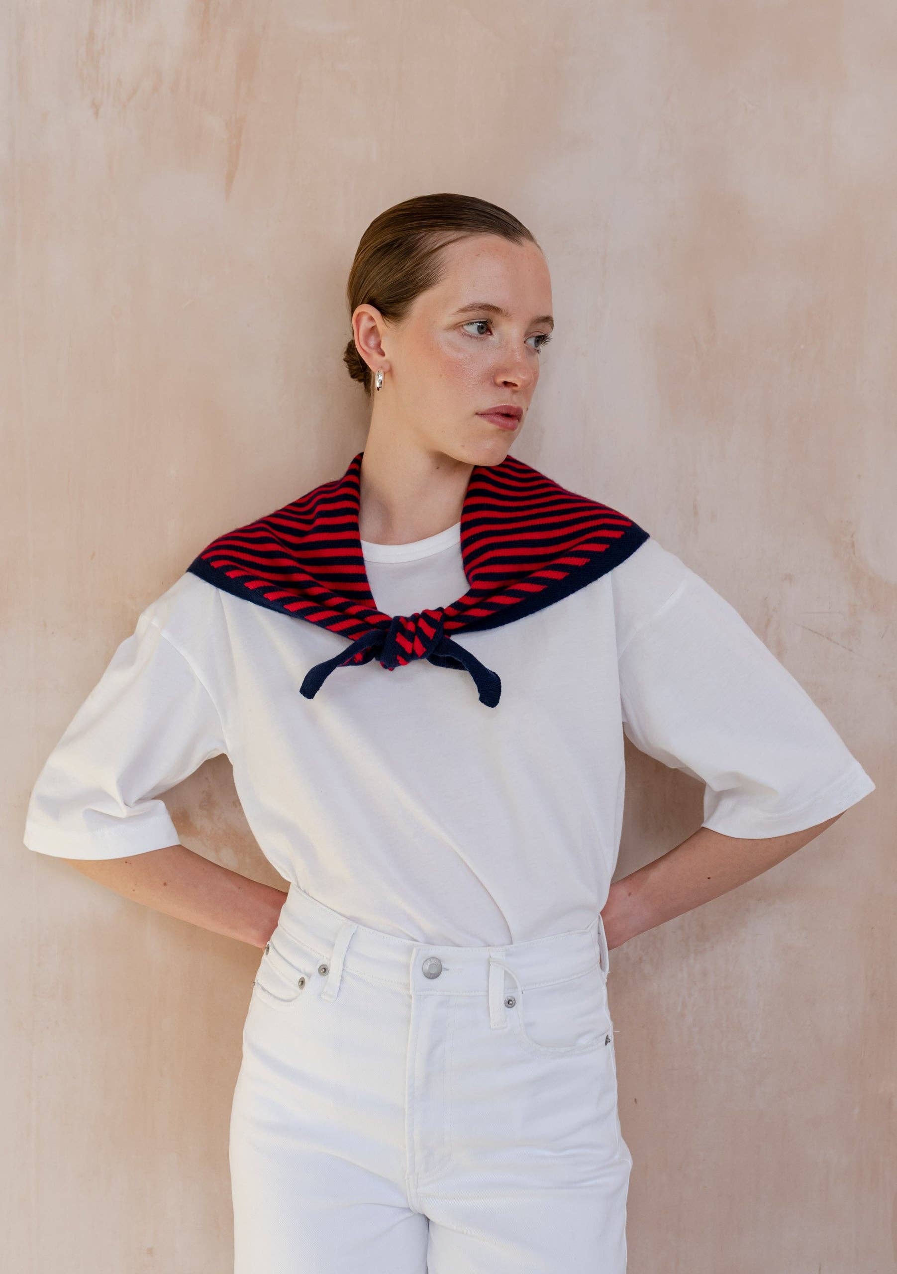 Merino Wool Triangle Scarf in Navy & Red Stripe - TBCo