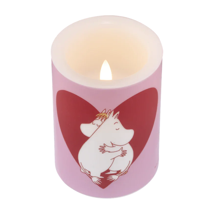 Moomin LED candle pink, plastic, hugging Moomins with red heart illustration