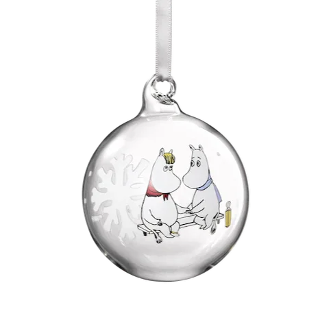 Muurla glass Christmas ornament with Moomin characters, clear with white snowflake design.