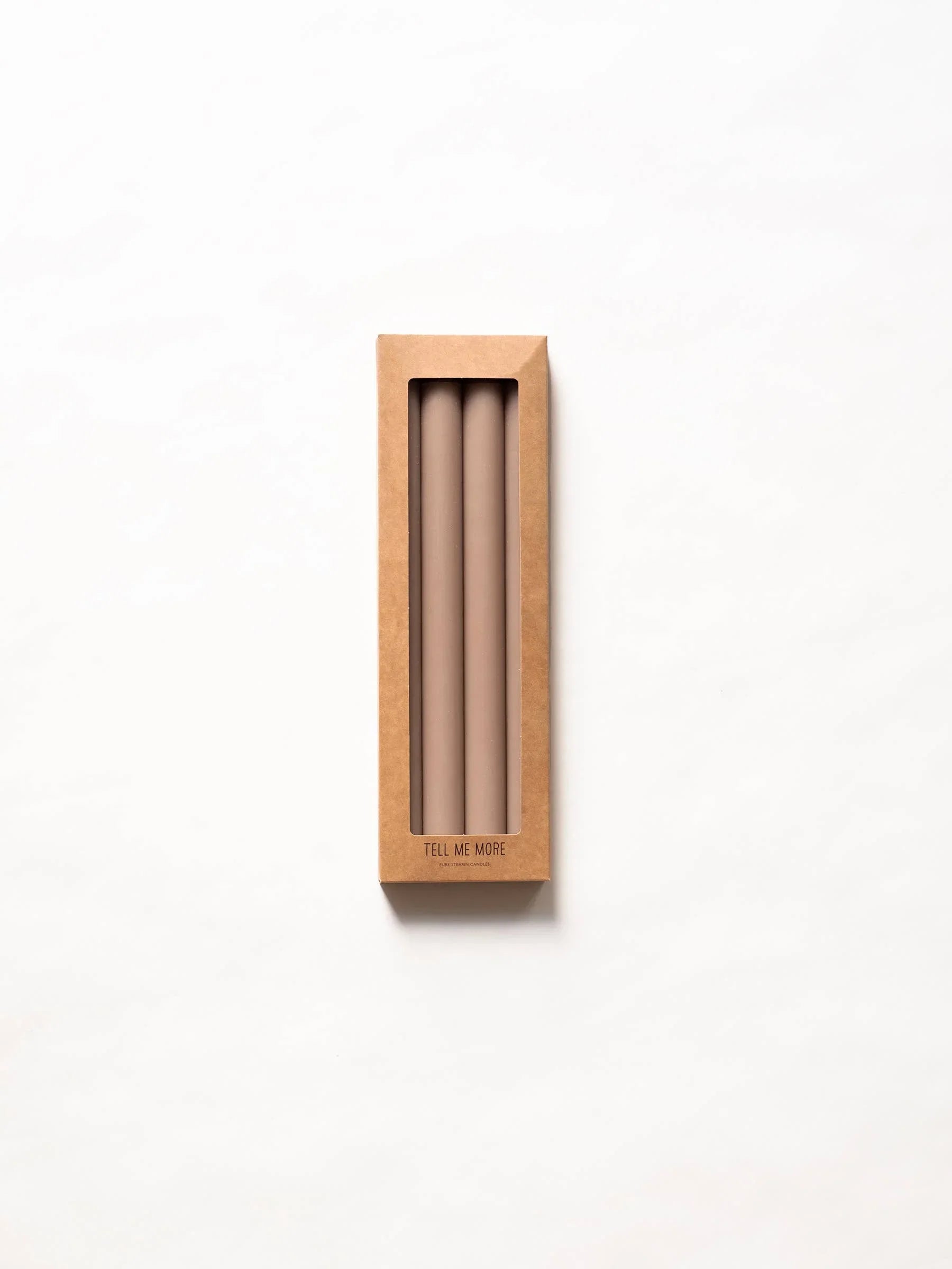 Tell Me More beige wax candles in kraft box, premium minimalist design