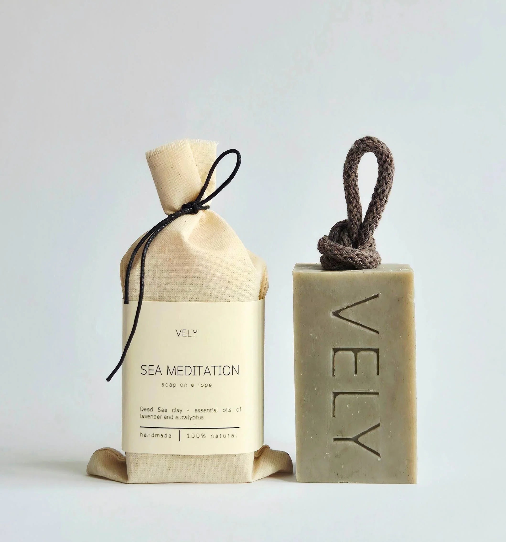 VELY Sea Meditation soap on a rope, handmade natural green soap with cloth bag.